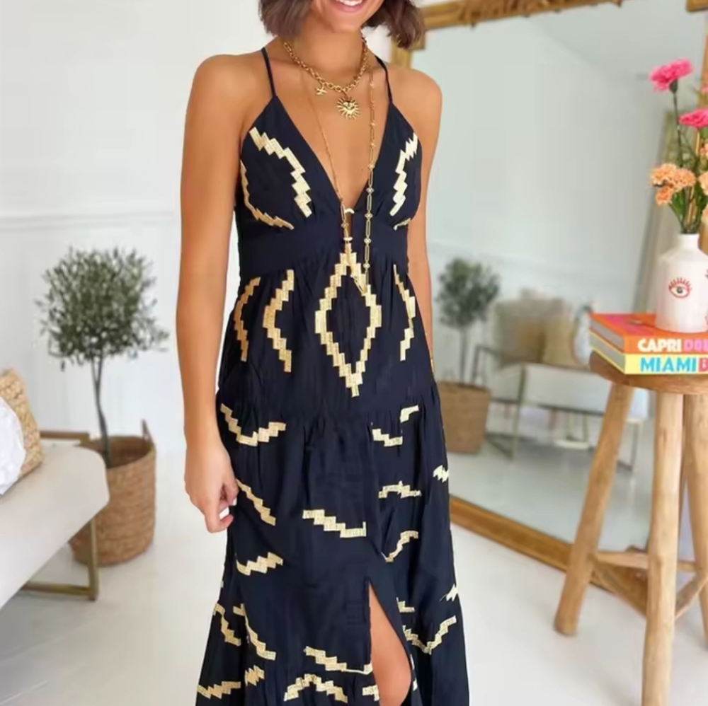 Sexy Printed Women's Dress Elegant V-neck ContractBackless Sleeveless Split Fem - Picture 2 of 5